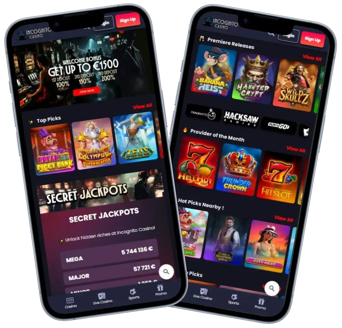 Incognito Casino mobile app on smartphones